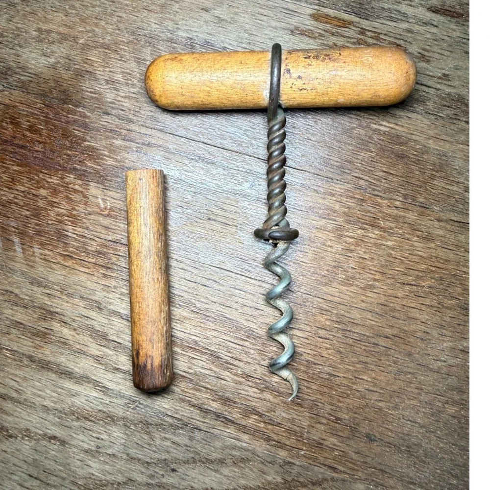 Antique Primitive Wooden T Handle Corkscrew with Sheath Twisted Wire Steel Worm